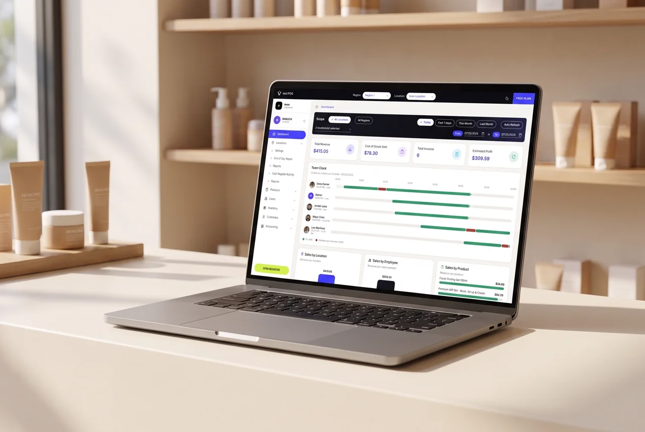 A laptop on a boutique counter showing the VoVi Back Office dashboard