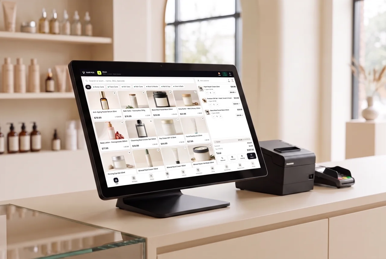A countertop touchscreen POS terminal with receipt printer and card reader running VoVi